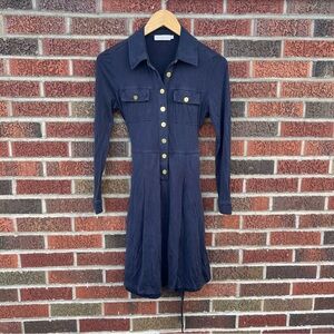 Tory Burch Navy Blue Gold Button Collared Long Sleeve Belted Mini Dress